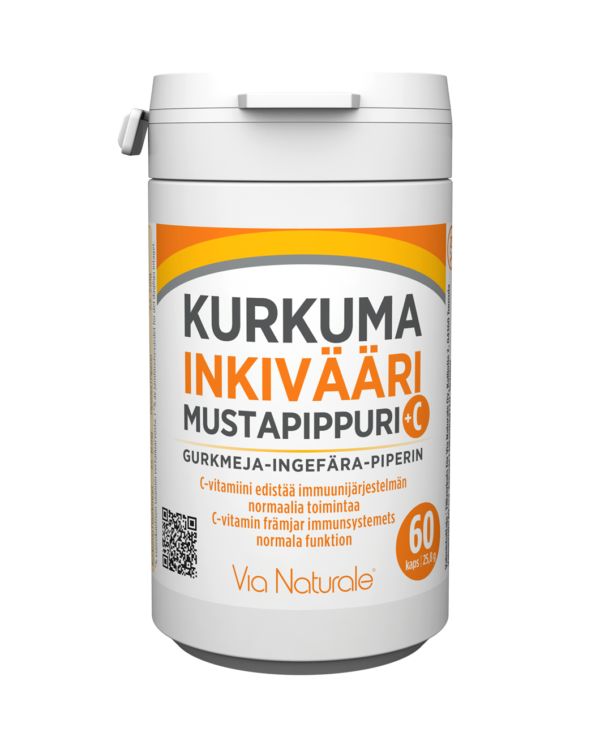 Kurkuma - Inkivääri - Mustapippuri + C-vitamiini; valkoinen muovipullo mattapintaisena oranssein tehostein, etiketti selkeällä nykyaikaisella groteskikirjasimella; teksti "Kurkuma Inkivääri Mustapippuri +C", 60 kapselia, Via Naturale -brändi; pullo sylinterinmuotoinen valkoisella ruuvikorkilla; vaalea hyvin valaistu tausta, ei ihmisiä kuvassa.