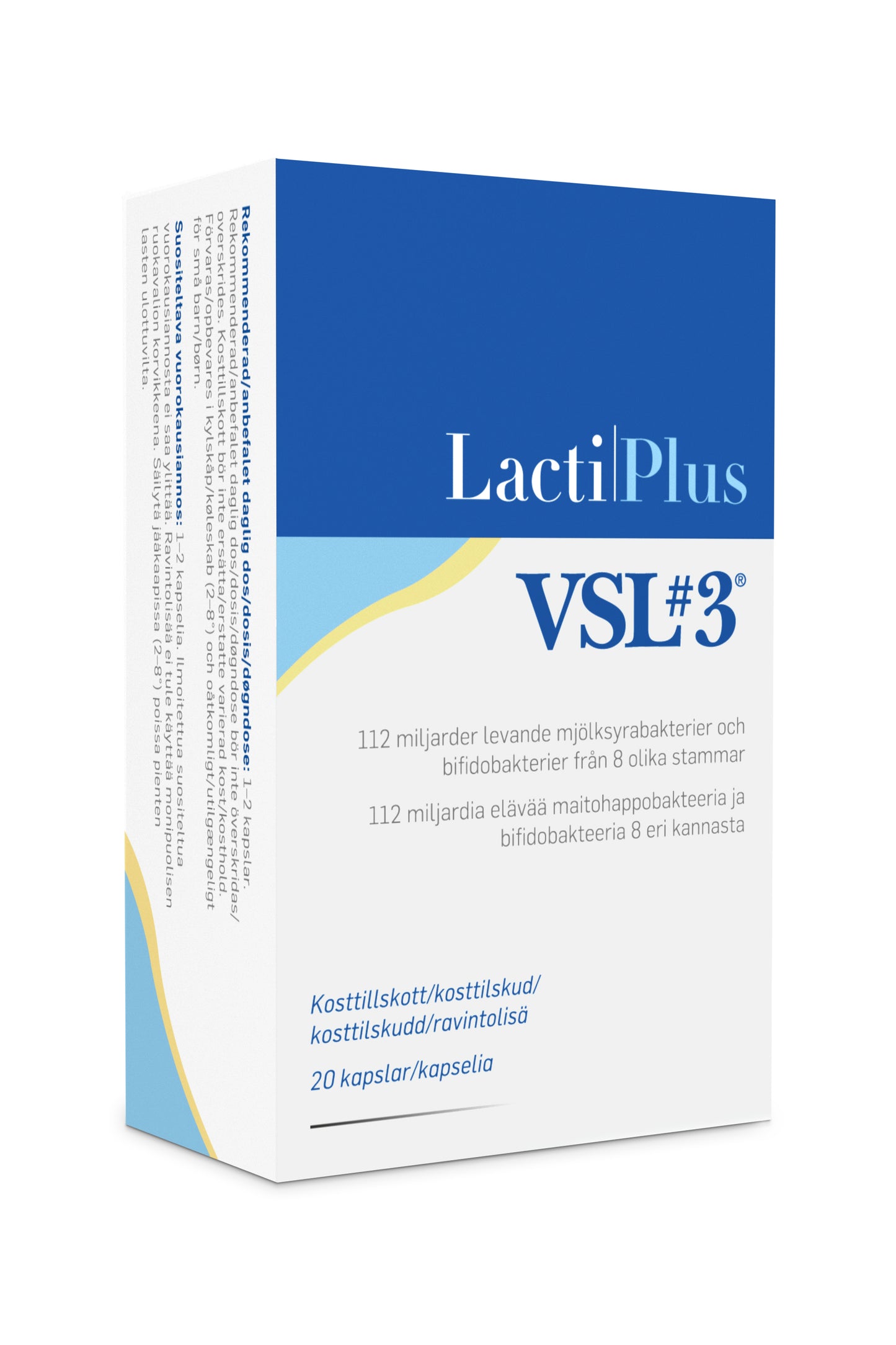 LactiPlus VSL#3 Kapselit, pakkaus VSL#3-probiooteille suorakulmainen mattapinnalla sinisin ja keltaisin korostuksin; tuotenimi suurin lihavoiduin kirjaimin, pienempi ruotsin- ja suomenkielinen teksti ilmoittaa 112 miljardia bakteeria 8 kannasta ja 20 kapselia; ei ihmisiä eikä käsiä näkyvissä, tausta valkoinen.