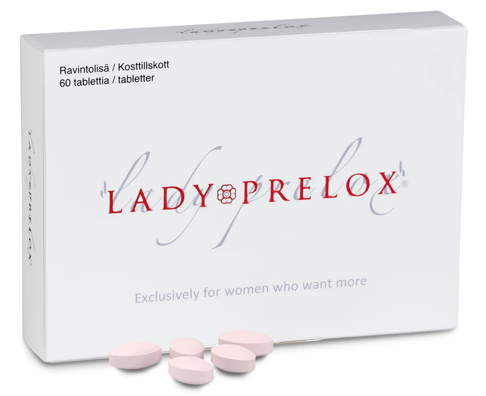 Lady Prelox -pakkaus, valkoinen mattapintainen suorakulmainen rasia, neljä vaaleanpunaista soikeaa tablettia edessä; groteskiteksti, 60 tablettia