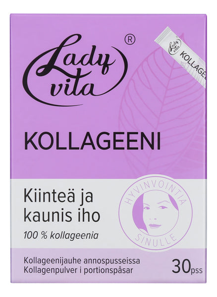 Ladyvita Kollageenijauhe; violetti laatikko Ladyvita Kollageeni -jauhetta suomenkielisin tekstein, lehtikuvio ja pyöreä logo, jossa naisen kasvot; kollageenilaatikko sisältää 30 annospussia; laatikko on suorakulmainen ja mattapintainen, lihavaa valkoista tekstiä etupuolella, lisäksi kultaisia ja vihreitä yksityiskohtia sekä siistiä groteskitypografiaa; kuvassa vain tuote valkoista taustaa vasten, ei ihmisiä tai käsiä.