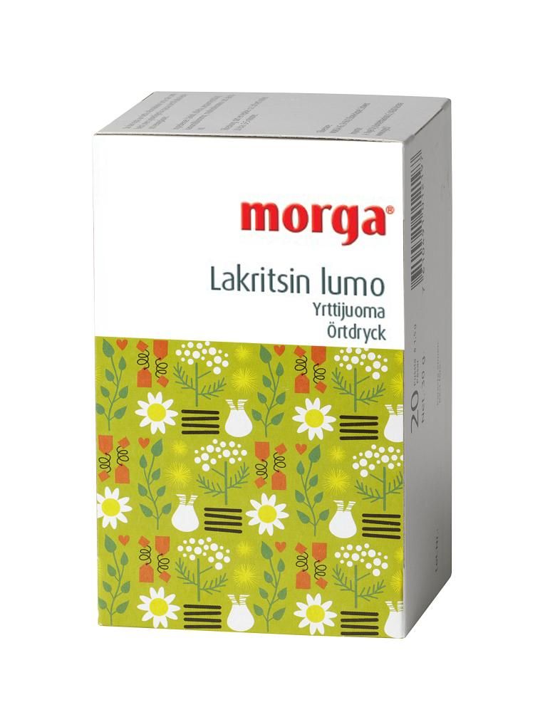 Morga Lakritsin Lumo Yrttijuoma -pakkaus; suorakulmainen ja mattapintainen rasia, jonka yläosa valkoinen ja alaosa vihreäkukkaisella kuviolla; kuvituksena valkoisia kukkia, pieniä purkki-illustraatioita ja viitteitä lakritsiin; pääteksti lihavoidulla päätekirjasimella; kuvattu suoraan edestä yksiväristä taustaa vasten, ei ihmisiä tai käsiä näkyvissä.