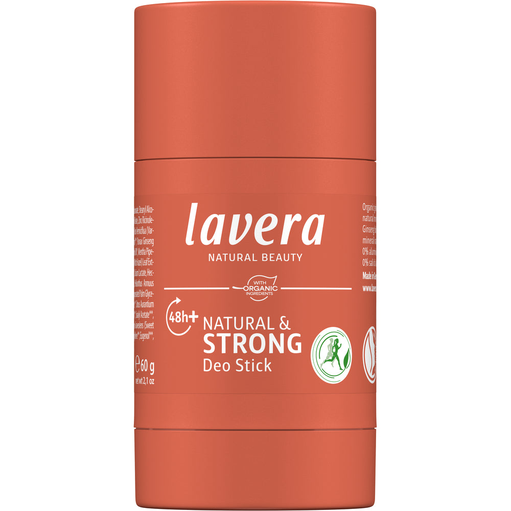 Lavera Deo Stick Natural & Strong -deodorantti suljettuna, sivukuva etiketistä ja pakkausmerkinnöistä