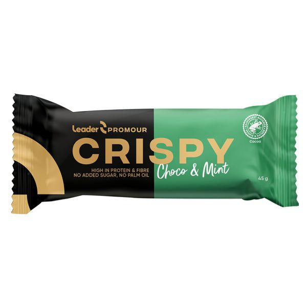 Proteiinipatukka mustassa ja vihreässä pakkauksessa merkinnällä Leader Promour Crispy Choco & Mint. Suorakulmainen muoto kiiltäväpinnalla. Valkoinen, lihavoitu pääteviivaton teksti erottuu käärepaperissa, sekä pienempi vihreä alateksti heraproteiinista, ei lisättyä sokeria ja ei palmuöljyä. Tuote on kuvattu yksin pelkistetyllä valkoisella taustalla.