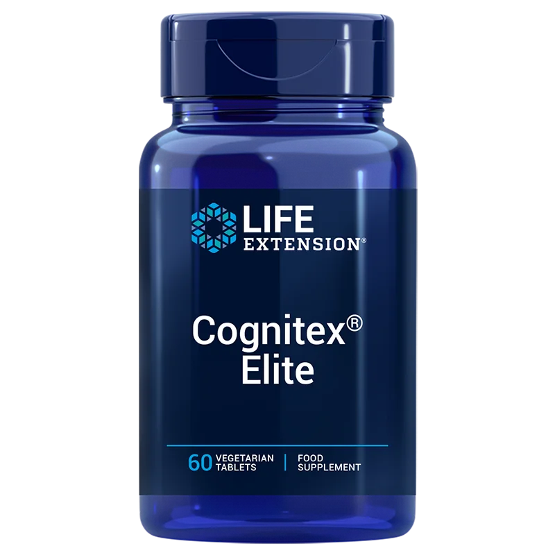 Sininen muovipullo mattapinnalla, lieriömäinen ja kierrekorkillinen. Valkoisessa etiketissä on lihavoitua sinistä ja mustaa tekstiä modernilla pääteviivattomalla fontilla: 'Life Extension Cognitex Elite', '60 kasvipohjaista tablettia' ja 'nootrooppinen ravintolisä'. Ihmisiä tai käsiä ei näy. Tausta on valkoinen. Tuote on kuvattu pystyssä edestäpäin.