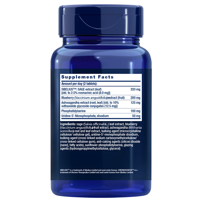 Life Extension Cognitex® Elite; sininen ravintolisäpullo valkoisella etiketillä, joka luettelee ravintosisältötiedot ja ainesosat, mukaan lukien salviauutteen, mustikkauutteen, ashwagandhan, fosfatidyyliseriinin, uridiini-5-monofosfaattidinatriumin ja muut nootrooppiset yhdisteet; pullo sylinterimäinen muovinen kierrekorkki ja kiiltäväpinnalla; etikettiteksti tavallisella groteskifontilla mustana; ei ihmisiä eikä toimintaa näkyvissä, tausta valkoinen, studiotuotekuva.
