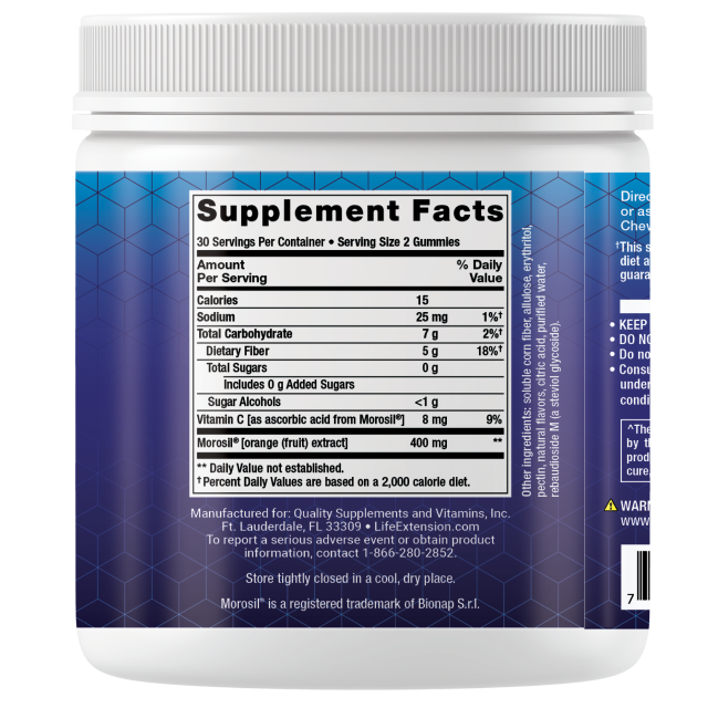 Life Extension Gummy Science Mediterranean Weight Management; valkoinen muovipullo mattapinnalla, lieriömäinen muoto, etiketissä ravintosisältötiedot mustalla tekstillä osioineen annostukselle, ainesosille ja ravintoarvoille kuten kalorit, natrium, hiilihydraatit, sokerit ja Morosil®-appelsiiniuute; etiketissä myös käyttöohjeet ja valmistajatiedot; ei ihmisiä tai käsiä; neutraali tausta, lähikuva etuetiketistä.