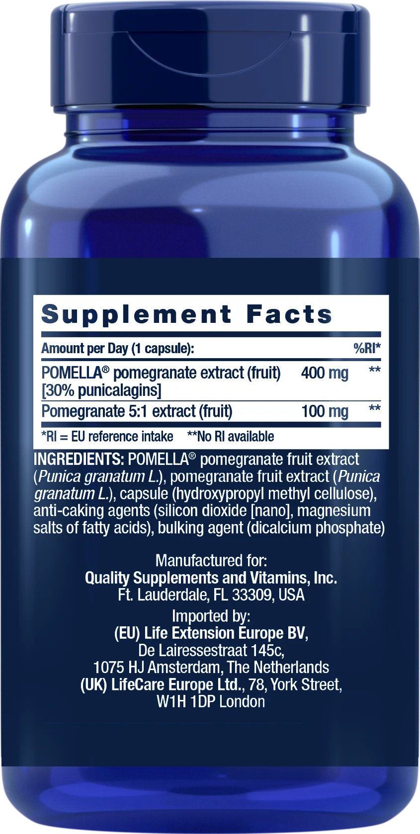 Life Extension Pomegranate Fruit Extract; sininen muovinen ravintolisäpullo sylinterimäinen kiiltäväpinnalla, valkoinen suorakulmainen etiketti; etikettityppografia siisti ja groteskinen mustalla tekstillä; etusivun etiketissä ravintosisältötaulukot, listaten POMELLA-granaattiomenauutteen (400 mg), granaattiomena 5:1 -uutteen (100 mg), muut ainesosat sekä valmistaja- ja jakelutiedot; pullo kuvattu valkoista taustaa vasten, ei ihmisiä eikä käsiä näkyvissä.