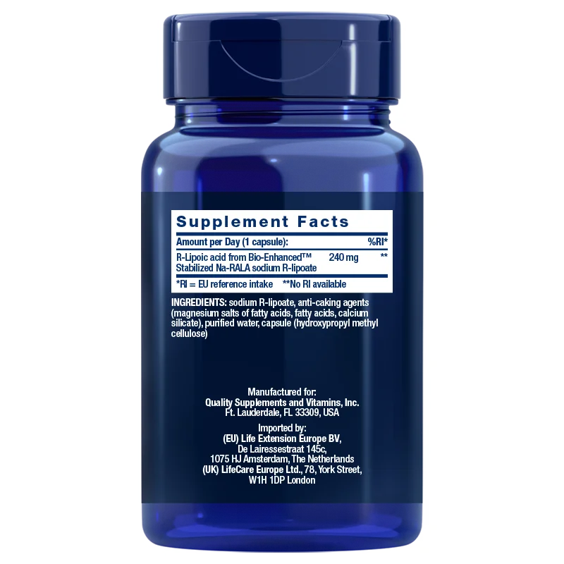 Life Extension Super R-Lipoic Acid 240 mg; sininen ravintolisäpullo etiketissä ravintosisältötiedot ja ainesosat R-alfalipoiinihapolle, valmistajan tiedot sekä yhteystiedot Yhdysvaltoihin, Alankomaihin ja Isoon-Britanniaan; teksti valkoisella tummansinisellä pohjalla; muovipullo sylinterimäinen ja kiiltäväpintainen; etiketin fontti groteskinen; tausta valkoinen, ei ihmisiä eikä käsiä näkyvissä.