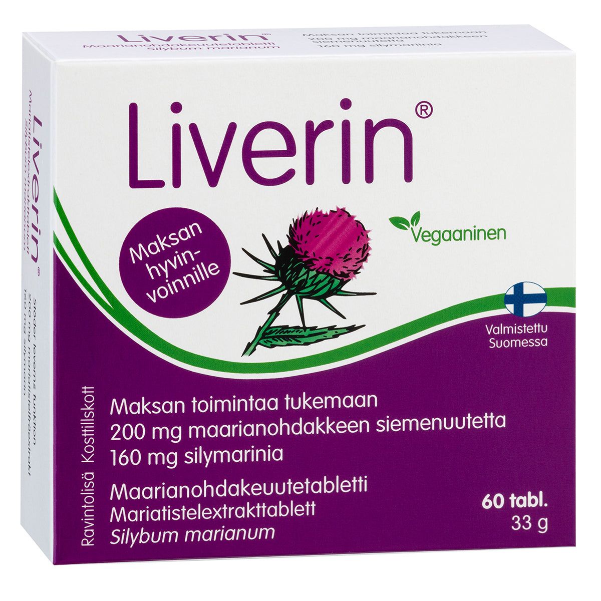 Liverin Maarianohdake -pakkaus, 60 tablettia; suorakulmainen, mattapintainen rasia, pääväri valkoinen violetein korostuksin; kuvituksena violetti ohdakekasvi sekä vihreä vegaanimerkintä; suomenkielinen teksti ainesosista ja maksan tukemisesta, alkuperämaana Suomi; tekstausvapaa typografia hallitsee etupuolta; kuvattu neutraalia taustaa vasten yksittäisenä pakkauksena suoraan edestä, ei ihmisiä tai käsiä näkyvissä.
