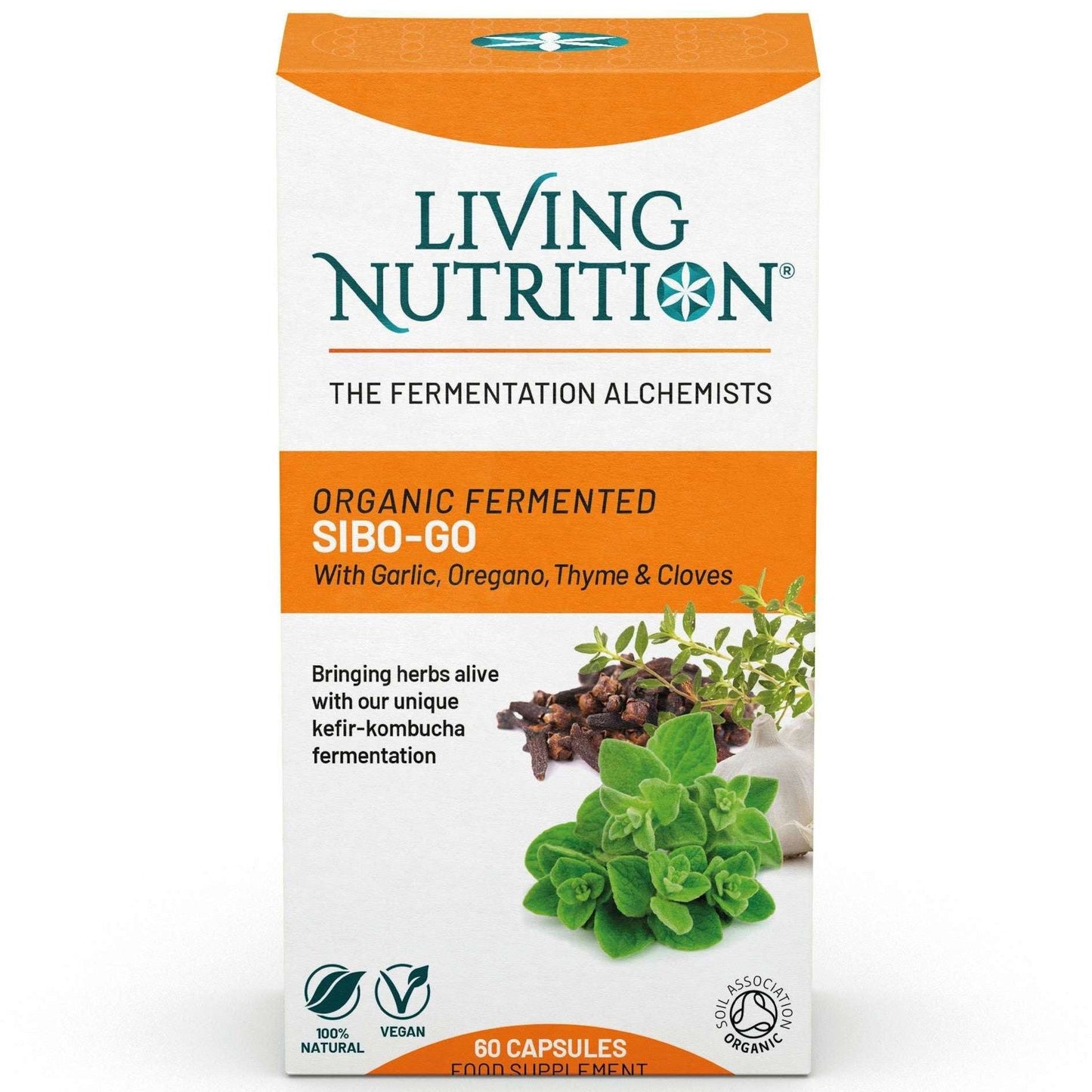 Living Nutrition Sibo-Go; suorakulmainen laatikko Living Nutrition Organic Fermented SIBO-GO -kapseleita mattapinnalla; laatikko pääosin valkoinen vihrein ja violetein tehostein, selkeä groteskityyppografia sekä kuvia valkosipulista, oreganosta, timjamista ja neilikoista etupuolella; pakkausteksti mainitsee vegaani- ja luomustatuksen sekä 60 kapselia; pelkistetty tausta, vain laatikko näkyvissä.