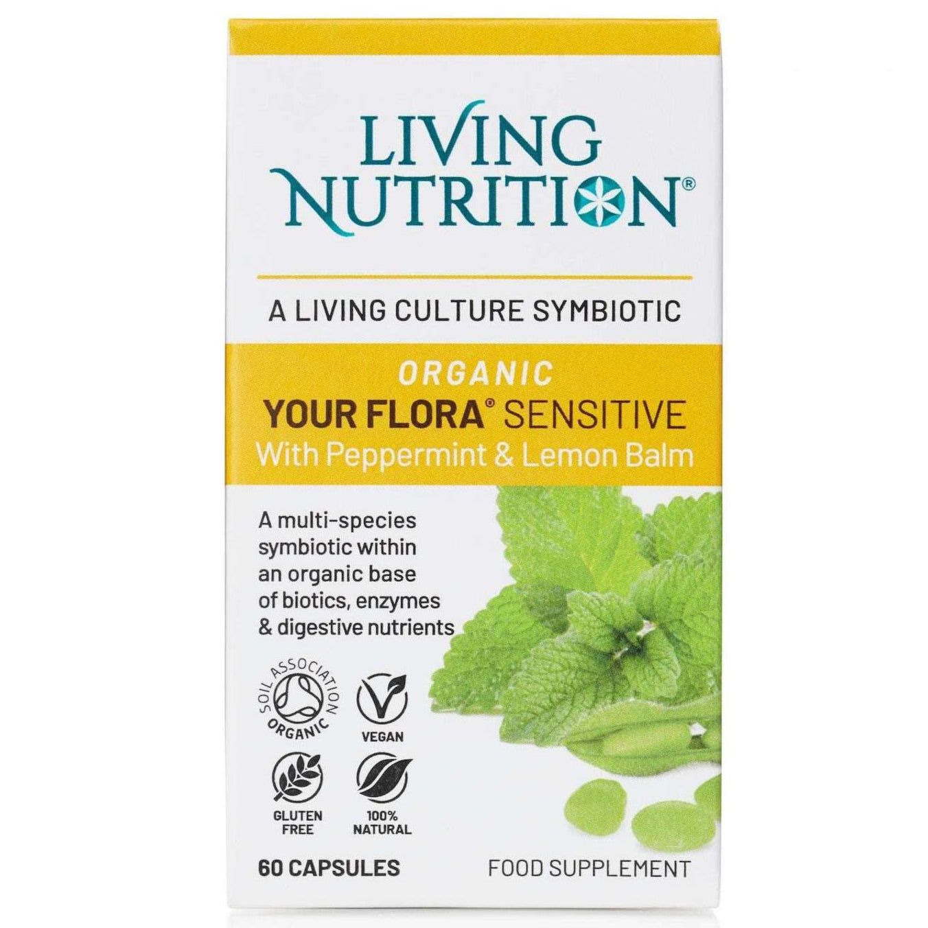 Living Nutrition Your Flora Sensitive; laatikko Living Nutrition Your Flora Sensitive -kapseleita, merkitty luomuksi, vegaaniseksi, gluteenittomaksi ja 100-prosenttisesti luonnolliseksi; pahvilaatikko suorakulmainen mattapinnalla; piparminttu- ja sitruunamelissankuvitukset etupuolella; luettava teksti korostaa ruoansulatuksen tukea luonnostaan tasapainoisilla probiooteilla; pelkistetty tausta, ei ihmisiä tai käsiä kuvassa.