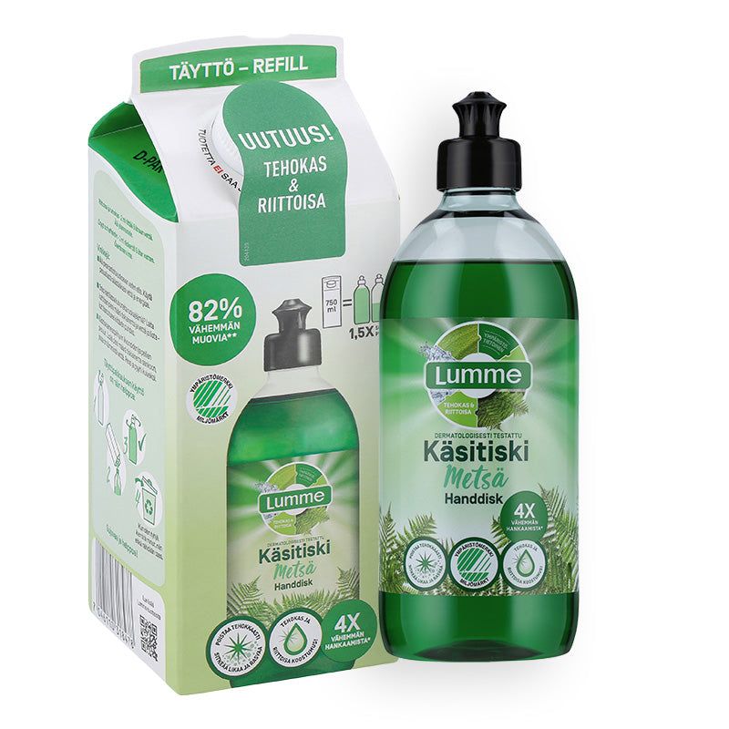 A bottle of Lumme Käsitiskiaine Metsä dishwashing liquid stands next to its refill box. Both have green and white packaging with matte surfaces and rectangular shapes. Pine tree graphics appear on the labels along with clear Finnish text in bold sans-serif font. No people or hands are visible, and the background is plain and light-colored. This is a straightforward product shot.