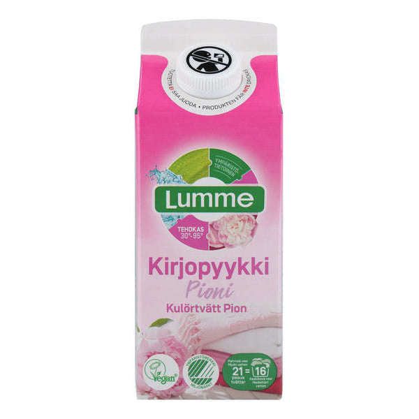 A pink and white rectangular carton of Lumme Kirjopyykki Pioni laundry detergent with a matte finish sits alone, displaying floral graphics and clear Finnish text. The box includes icons for vegan and suitable for colored laundry, with key label text legible on the front panel. Background is plain. No people or hands in frame. A pink and white carton of Lumme Kirjopyykki Pioni laundry detergent featuring floral graphics and Finnish text. Suitable for colored laundry and marked as vegan, this detergent is