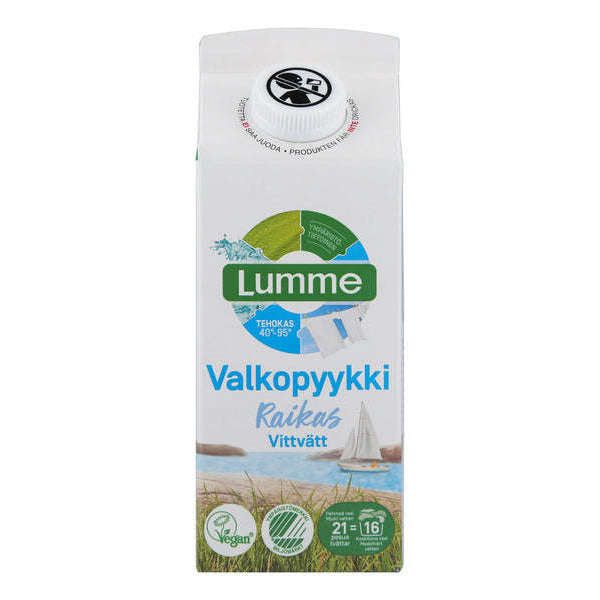 A carton of Lumme Valkopyykki laundry detergent with nature-themed graphics, including water, grass, and a sailboat. Box is rectangular, made of matte-finish cardboard. Front label features blue and green details and simple sans-serif text. Vegan logo and eco-friendly product information are clearly visible on the front. Plain white background, no people or actions shown.