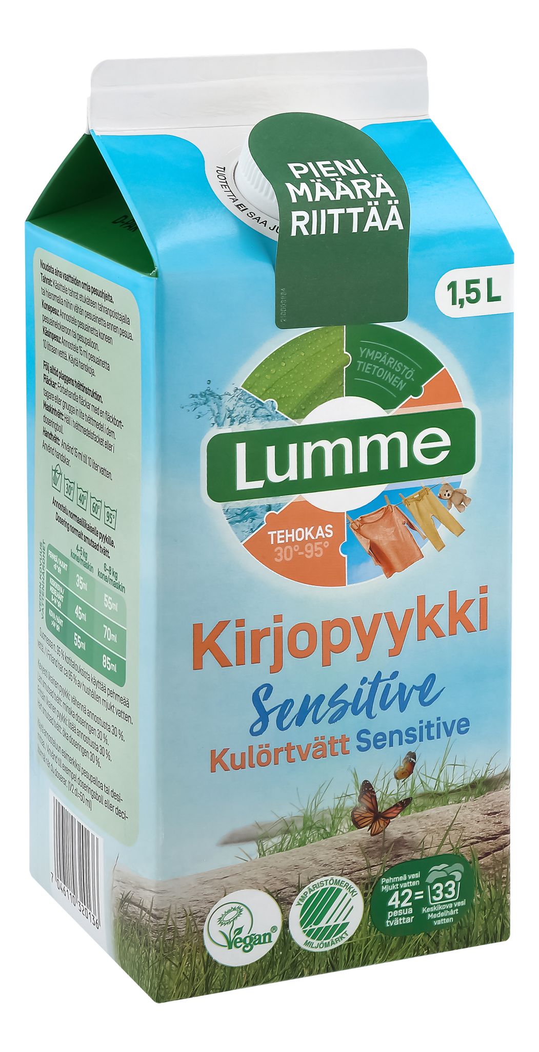 Lumme Kirjopyykki Pyykinpesuneste Sensitive -pakkaus, 1,5 l; vihreä-sininen mattapintainen kartonkipakkaus, kuvitus pyykkinarulla kuivuvista vaatteista, lihavoitu groteskiteksti suomeksi
