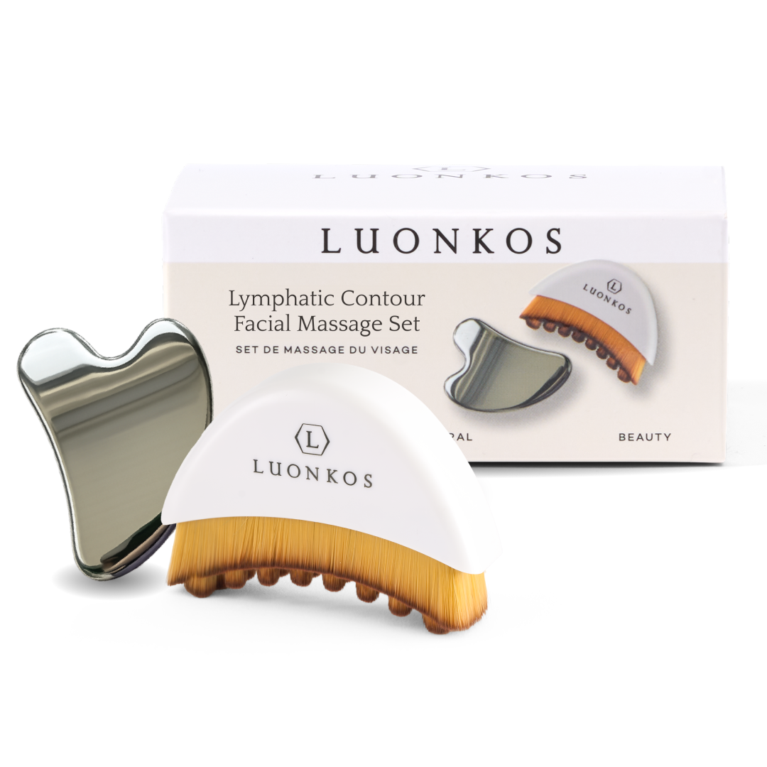 Luonkos Lymphatic Contour Facial Massage Set: kasvohierontaharja, teräksinen gua sha ja lahjapakkaus