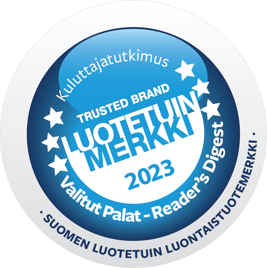 Pyöreä sininen ja valkoinen tunnusmerkki, jossa lukee "Trusted Brand LUOTETUIN MERKKI 2023" tähtien kera, "Valitut Palat – Readers Digest" sekä suomenkielistä tekstiä reunoilla korostaen luotettavuutta; tekstausvapaita fontteja käytetty suuraakkosin ja pienaakkosin sekaisin, osa lihavoituna; tunnuksen viimeistely mattamainen ilman näkyvää pakkausta tai taustaympäristöä; ei ihmisiä tai käsiä näkyvissä.