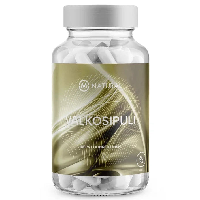 M-Natural Valkosipuli: läpinäkyvä sylinterimäinen muovipurkki kierrekorkilla, sisältää 60 valkoista kapselia; etiketissä teksti "Valkosipuli" ja "100% luonnollinen valkosipuli" sekä vihreä-kultainen abstrakti kuvio, lihavoitu groteskikirjasin; tausta on yksivärinen, ei ihmisiä tai esineitä näkyvissä.