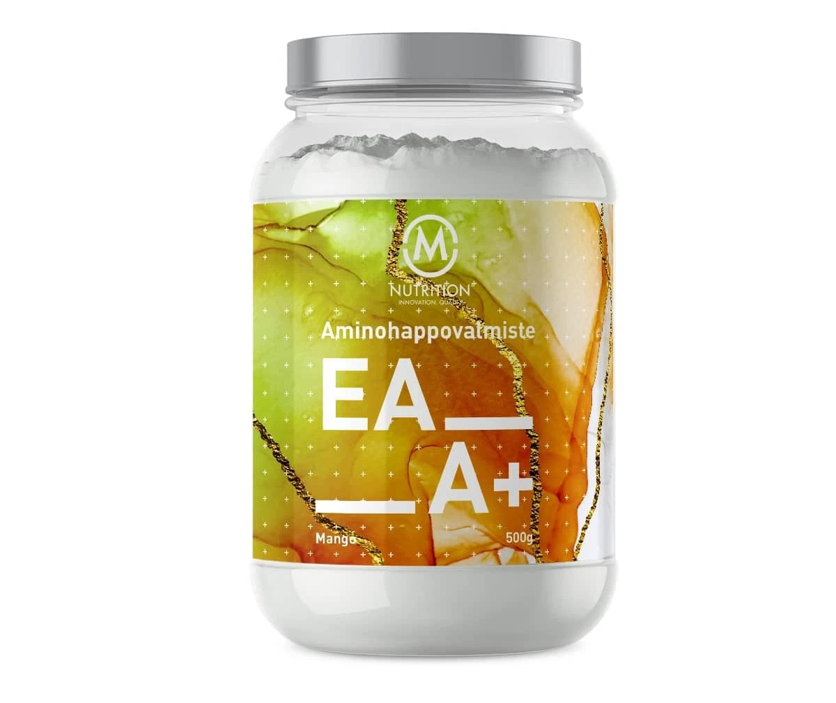 M-Nutrition EAA+ -aminohappojauhe, maku Mango; kirkas muovipurkki valkoisella kannella, sisällä valkoista jauhetta; etiketissä teksti Aminohappovalmiste EA-A+ Mango 500g, oranssia ja vihreää abstraktia grafiikkaa sekä M Nutrition -logo; mattaetiketti; kuvattu valkoisella taustalla ilman ihmisiä.