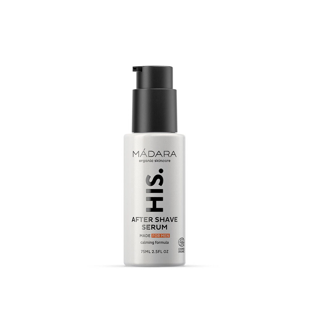 Madara HIS After Shave Serum; valkoinen pullo, mattapintainen ja musta muovinen pumppukorkki; pullo on sylinterinmuotoinen ja läpinäkymätön; pakkauksessa lihavoitua mustaa groteskitypografiaa, joka sisältää tuotenimen, maininnan miesten luomuihonhoidosta sekä koon "75ml"; ei ihmisiä tai esineitä näkyvissä; tausta valkoinen, suoraviivainen tuotekuva.
