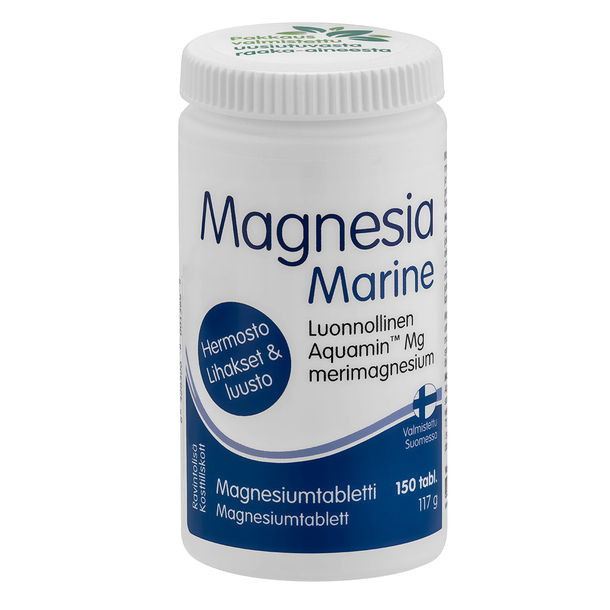 Magnesia Marine -pullo, valkoinen muovipullo mattapinnalla, sylinterimäinen muoto ja valkoinen kierrekorkki; etiketissä sinistä tekstausvapaata tekstiä ja Suomen lipun symboli; pakkaustiedoissa 150 tablettia (117 g); teksti sekä suomeksi että ruotsiksi; neutraali tausta, ei ihmisiä tai käsiä näkyvissä; tuote tukee hermoston, lihasten ja luuston hyvinvointia.