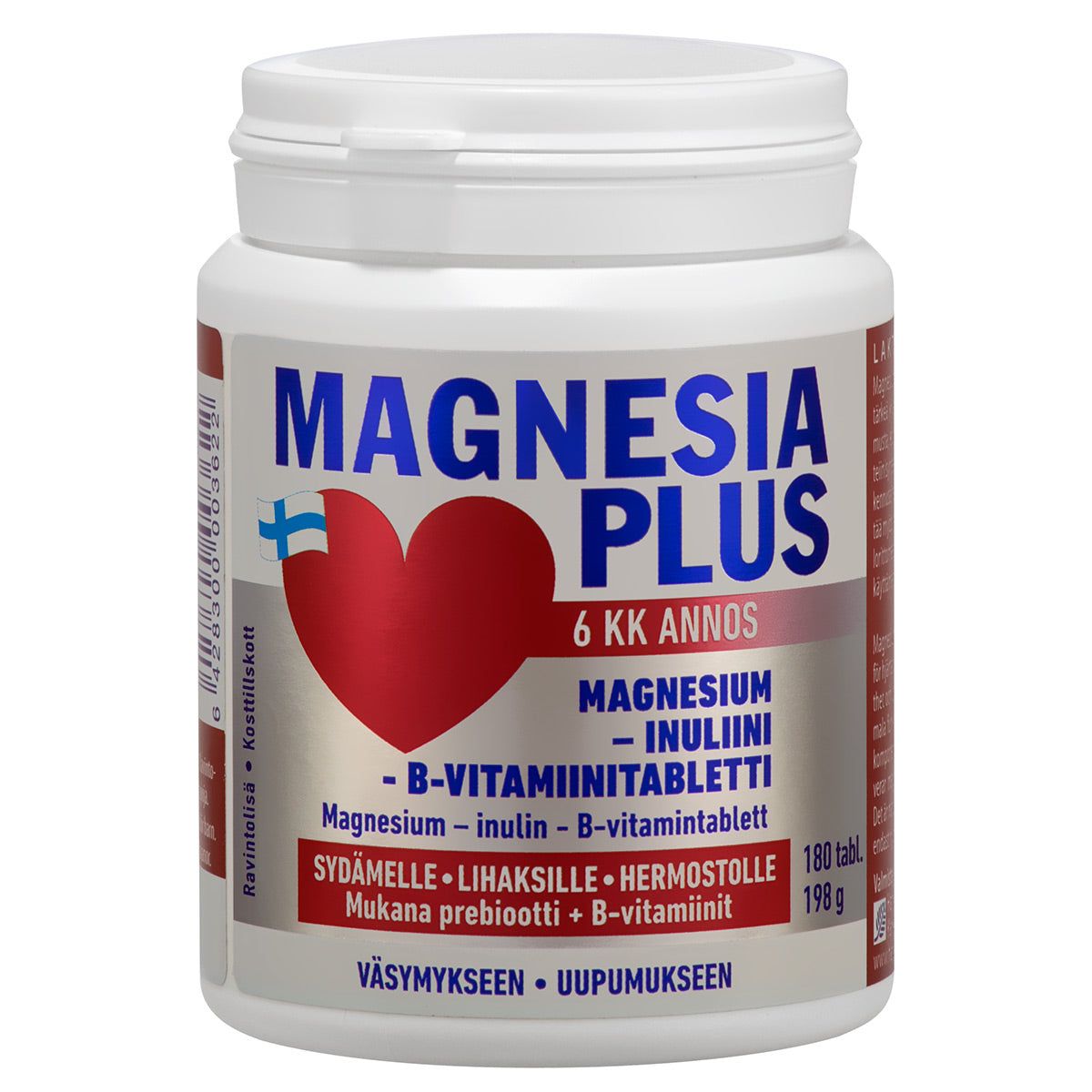 A white plastic bottle with a matte finish, cylindrical shape, and a white screw cap. The label reads MAGNESIA PLUS in bold, sans-serif letters, features a red heart symbol and a Finnish flag graphic. Brief text on the label mentions magnesium, inulin, B vitamins for daily well-being; 180 tablets and Finnish-language information. Plain background; no people or hands visible.