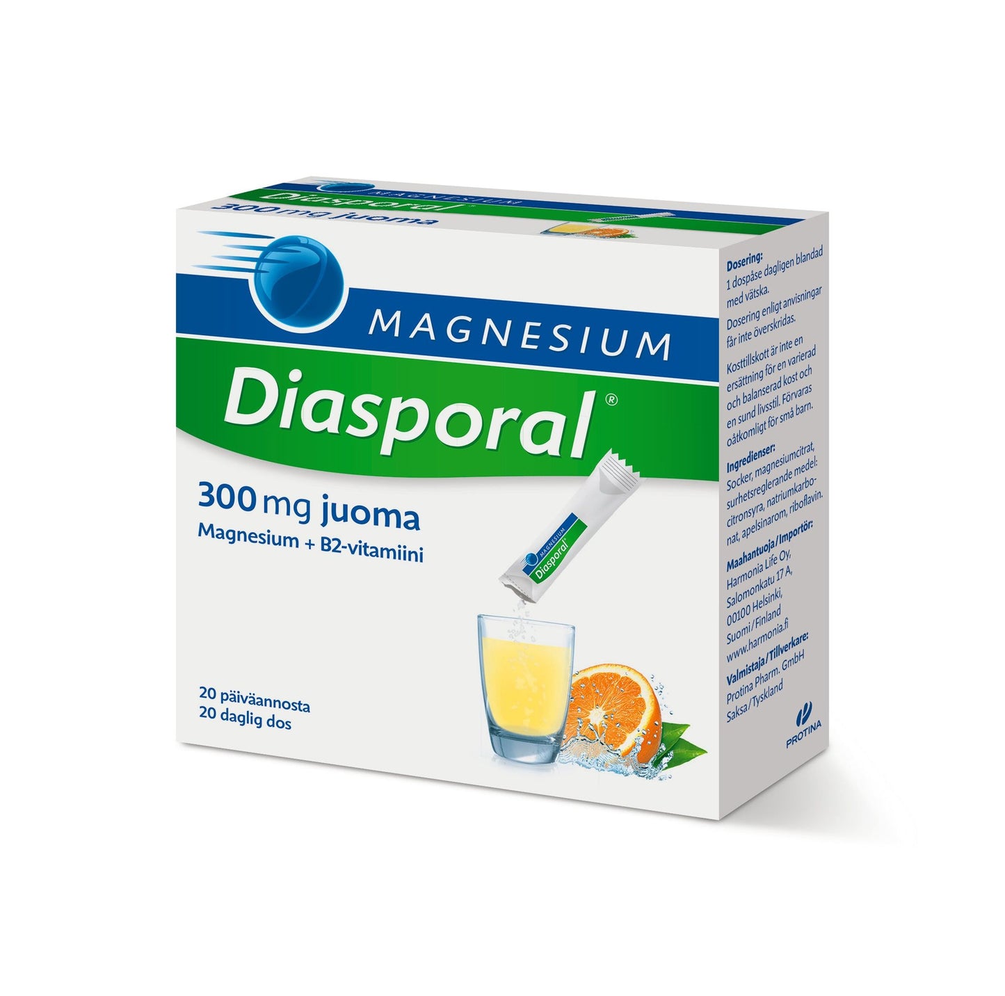A box of Diasporal Magnesium powder, 300 mg with B2 vitamin and a refreshing orange flavor. Rectangular paperboard packaging with a glossy finish; dominant colors are white, green, blue, and orange. Features an image of a glass filled with orange drink, ice cubes, and an orange slice. Bold sans-serif text is used on the label front. Each box contains 20 daily doses.