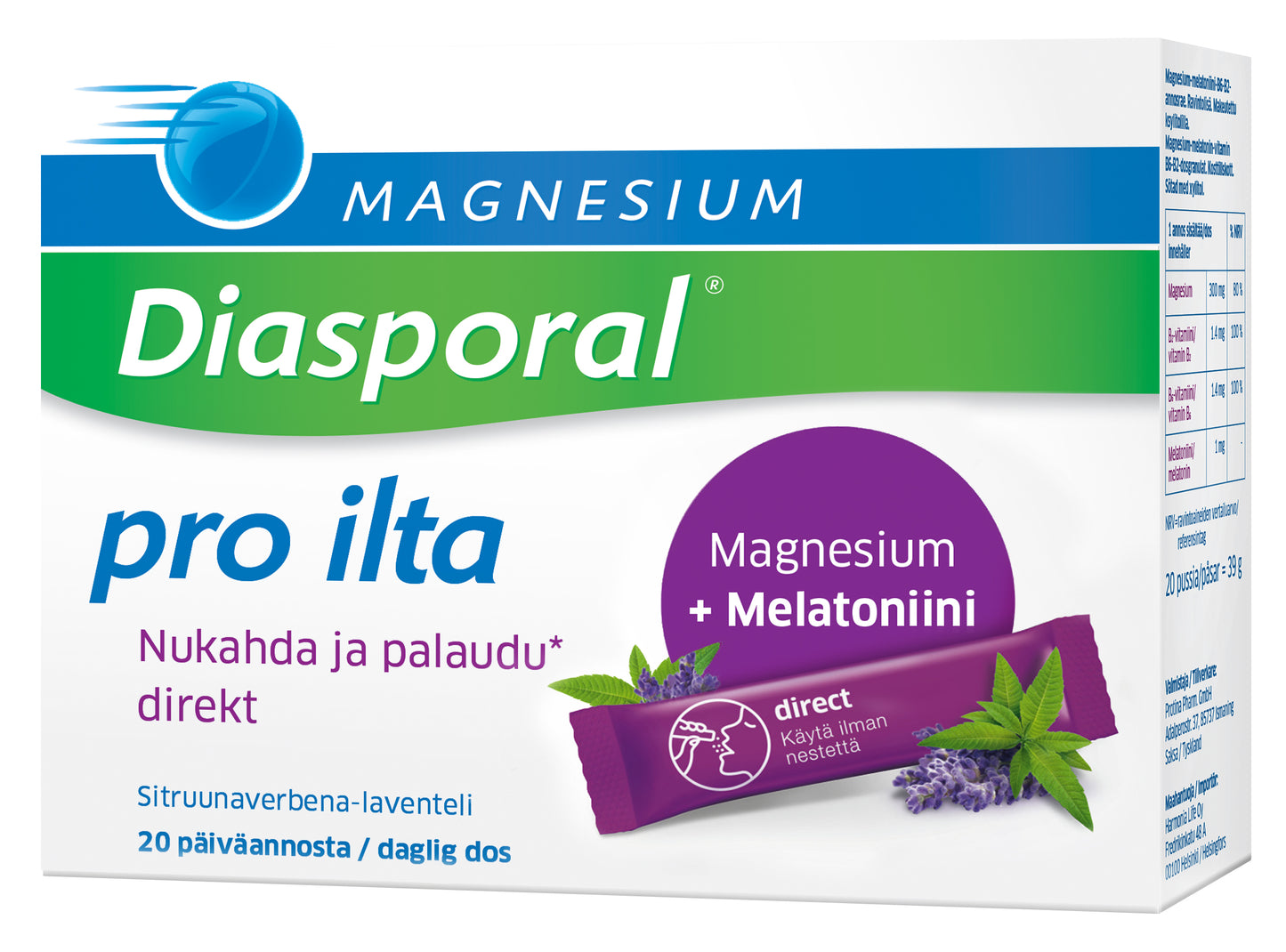 Magnesium Diasporal pro ilta Direkt: rasia Diasporal pro ilta -magnesiumlisää melatoniinilla, suomenkielinen teksti, kuvia violetista laventelinkukasta ja vihreistä sitruunamelissan lehdistä, sekä violetti annospussi etuosassa; rasia on suorakulmainen mattapinnalla, selkeä groteskikirjasin eri painoin; ei ihmisiä tai käsiä näkyvissä, tuote kuvattu edestä yksinkertaista taustaa vasten.
