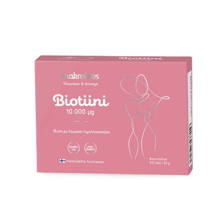 Vaaleanpunainen Makrobios Biotiini 10 000 µg -pakkaus, jossa minimalistinen viivapiirros ihmishahmosta, Suomen lippu -kuvake sekä teksti, joka kertoo tuotteen olevan valmistettu Suomessa, pakkaus sisältää 60 tablettia; pinta mattainen; pahvipakkaus suorakaiteen muotoinen; päätypografia lihavoitua groteskia tuotenimelle, pienempi groteskikirjasin lisätiedoille; tausta valkoinen, ei ihmisiä tai käsiä näkyvissä, tavanomainen edestä kuvattu tuotekuva.