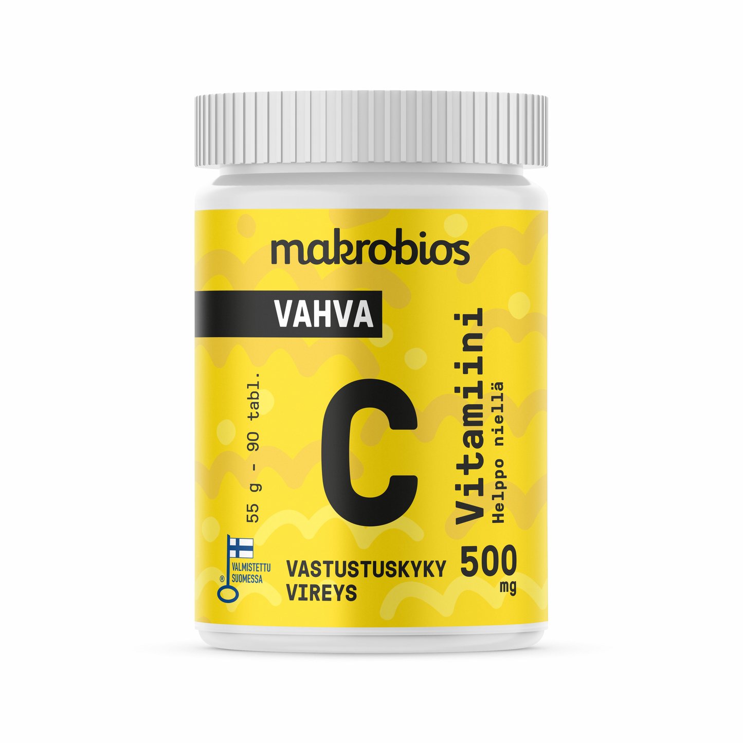 Valkoinen pullo, jossa lukee makrobios VAHVA C Vitamiini 500 mg keltaisin yksityiskohdin ja mustalla tekstillä, sisältää 90 tablettia C-vitamiinia; suomenkielinen teksti korostaa immuunipuolustuksen tukea ja energiaa, painottaen päivittäistä hyvinvointia; lieriömäinen muovipurkki mattapinnalla; korkea groteskikirjasin etiketissä; tausta yksinkertainen, ei ihmisiä tai käsiä näkyvissä.