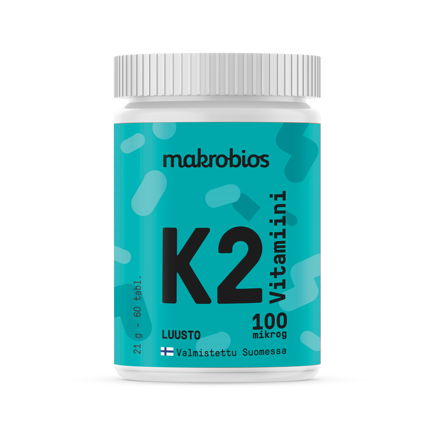 Turkoosi muovipullo mattapinnalla ja lieriömäisellä muodolla; valkoinen kierrekorkki; etiketissä lukee makrobios K2 Vitamiini 100 mikro g sekä lisää suomenkielistä tekstiä selkeällä groteskikirjasimella; etiketissä abstrakteja muotoja; tuote kuvattu tasaisesti valaistulla neutraalilla taustalla ilman ihmisiä.