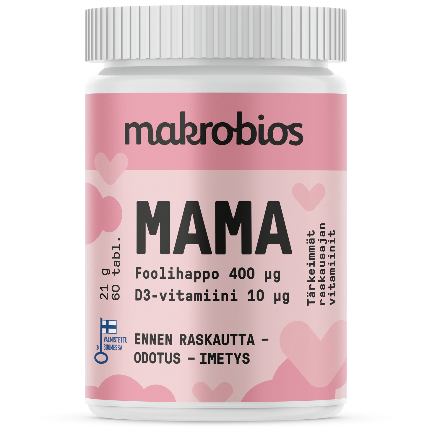 Makrobios Mama Foolihappo + D-vitamiini; vaaleanpunainen ja valkoinen muovipullo matalla pinnalla, sylinterin muotoinen kierrekorkillinen; etiketissä tuotenimi ”makrobios MAMA” lihavoidulla groteskilla, suomenkielistä tuotetietoa, tyyliteltyjä sydämiä ja lyhyt teksti foolihapon ja D3-vitamiinin tableteista raskausajalle; tasainen tausta, ei ihmisiä tai käsiä.