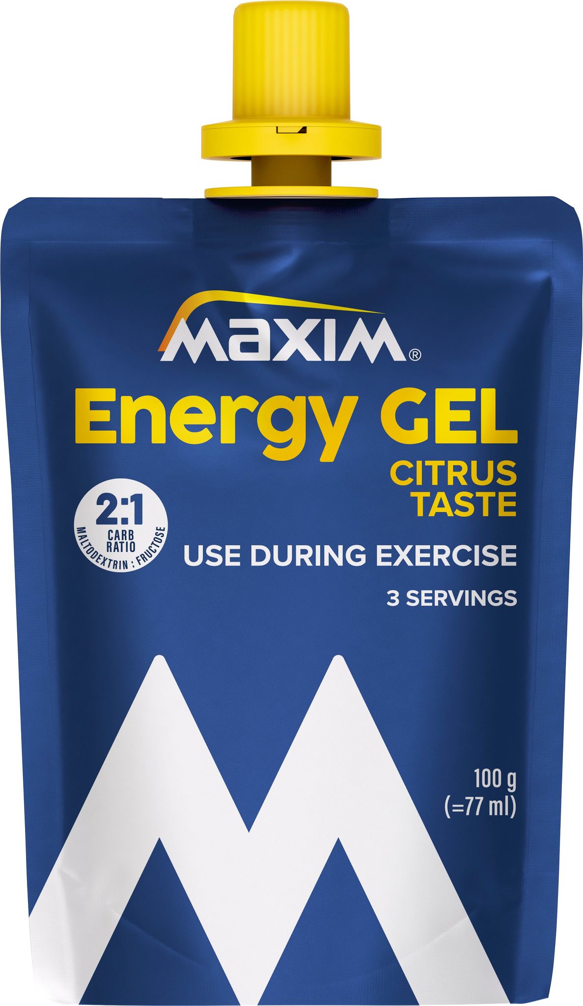 Maxim Energy Gel Citrus Taste; sininen pussi Maxim Energy Gel -energiageeliä keltaisella korkilla; joustava mattapintainen muovipakkaus puristettavassa muodossa nokalla; suuri groteski- ja kapea kirjasintyyli valkoisena ja keltaisena; teksti kertoo sitruksen maun, käytön liikunnan aikana, 3 annosta, 100 g (77 ml) sekä 2:1 hiilihydraattisuhteen optimaaliseen suoritukseen; alaosassa valkoinen M-tunnus; neutraali tausta, ei ihmisiä kuvassa.