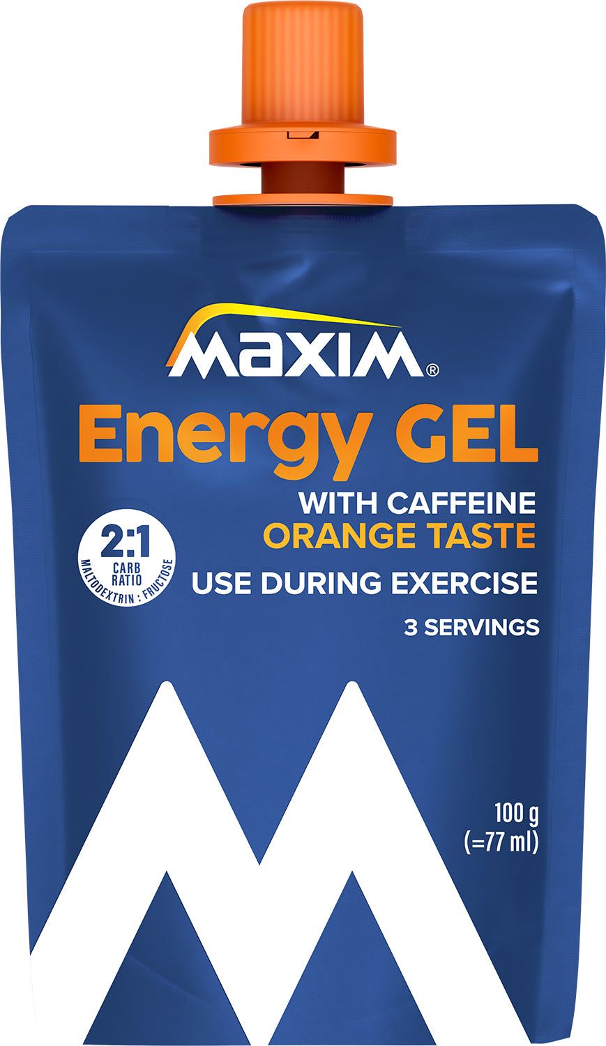 Maxim Energy Gel Orange Taste; sininen pussi Maxim Energy Gel -energiageeliä kofeiinilla ja appelsiinin maulla, tarkoitettu käytettäväksi liikunnan aikana; joustava kiiltäväpintainen muovi muotoillulla nokalla ja kirkkaanoranssilla korkilla, suorakulmainen pyöristetyin kulmin; painettu valkoinen ja keltainen groteskiteksti kertoo 3 annosta, 100 g ja 2:1 hiilihydraattisuhteen; vaalea tausta, tuote kokonaisuudessaan näkyvissä.