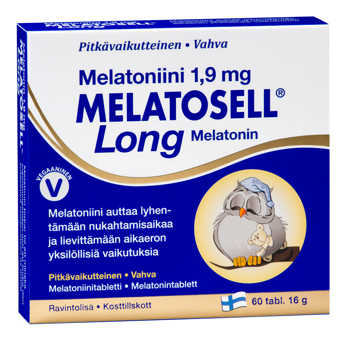 MELATOSELL Long Melatoniini -pakkaus, suomenkielinen teksti, sarjakuvamainen pöllö yöhupussa nukkumassa tyynyllä, vegaanisymboli, 60 tablettia pakkausta kohden; laatikko suorakulmainen mattapinnalla, kirkkaita värejä kuten valkoinen, sininen, keltainen ja violetti; päätypografia lihavoitua tekstausvapaata fonttia; pakkaus kuvattu yksinkertaista taustaa vasten, ei ihmisiä paikalla.