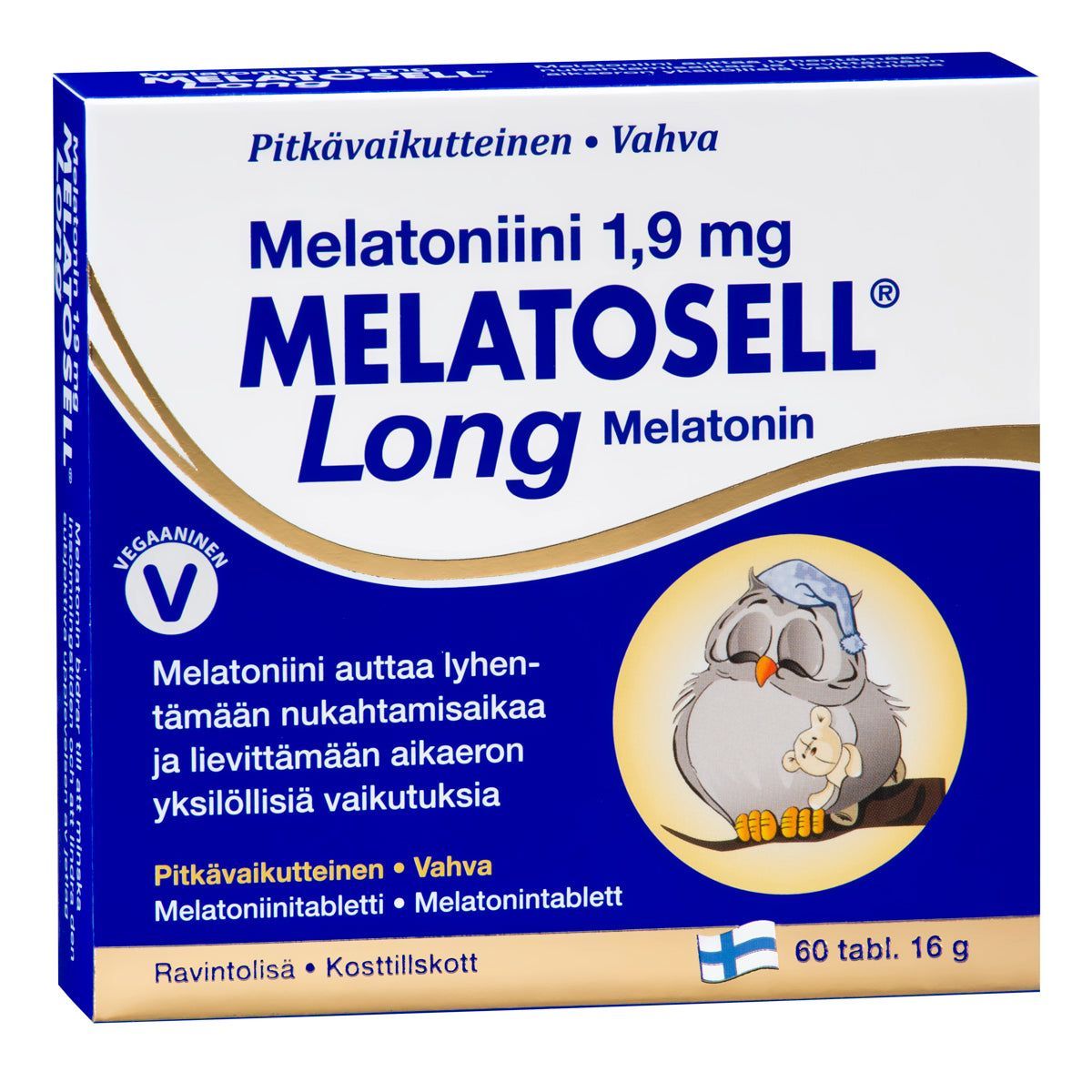 MELATOSELL Long Melatoniini -pakkaus, suomenkielinen teksti, sarjakuvamainen pöllö yöhupussa nukkumassa tyynyllä, vegaanisymboli, 60 tablettia pakkausta kohden; laatikko suorakulmainen mattapinnalla, kirkkaita värejä kuten valkoinen, sininen, keltainen ja violetti; päätypografia lihavoitua tekstausvapaata fonttia; pakkaus kuvattu yksinkertaista taustaa vasten, ei ihmisiä paikalla.