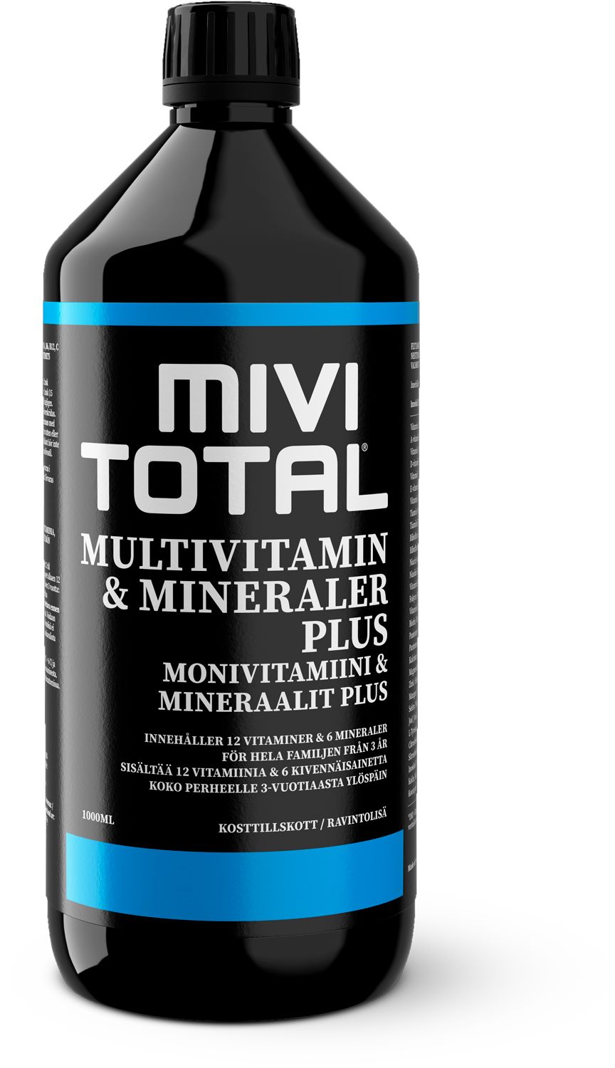 Mivitotal Plus -pullo, musta, kiiltäväpintainen, hopeanvärinen metallikorkki, 1000 ml; sinisiä graafisia yksityiskohtia, teksti ruotsiksi ja suomeksi
