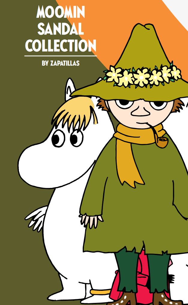 Two cartoon characters stand together: one white and hippo-like, the other in a green coat, yellow scarf, flowered hat, and smoking a pipe. Above them, the text reads Moomin Sandal Collection by Zapatillas, celebrating the whimsical world of Moomins. Flat illustration with sans-serif lettering on plain light background; no visible product or packaging. No people or hands shown.