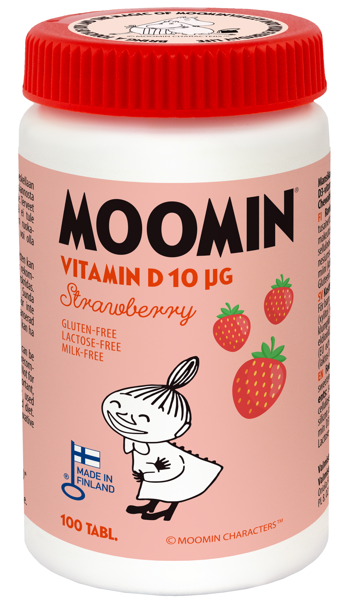 Moomin® D-vitamiini 10 µg Mansikka; pullo Muumi D-vitamiini 10 µg -tabletteja mansikan makuisena, etiketissä iloinen Muumi-hahmo ja mansikoita; tuotetiedoissa maininta gluteenittomuudesta ja laktoosittomuudesta; astia sylinterin muotoinen läpikuulumattomalla valkoisella korkilla ja kiiltopinnalla; pääväreinä punainen, valkoinen, vihreä ja sininen lihavoidulla groteskikirjasimella tuotenimessä; ei ihmisiä tai käsiä kuvassa.