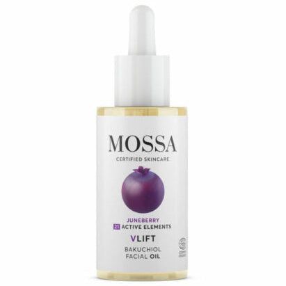 Mossa V LIFT Bakuchiol Kasvoöljy; pullo Mossa VLIFT Bakuchiol -kasvoöljyä tippakorkilla, etiketissä kuva violetista marjasta ja merkintä Certified Skincare, rikastettu tuomenmarjalla ja aktiivisella bakuchiolilla; pullo sylinterin muotoinen valkoisella tai vaaleasävyisellä matalla pinnalla; etiketin kirjasin selkeää groteskia mustan ja mauven sävyissä; tausta valkoinen, ei ihmisiä tai käsiä tässä lähikuvassa.