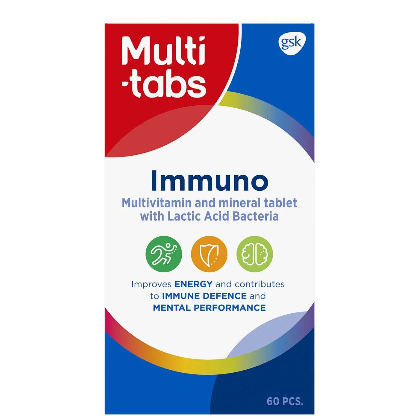 Multi-tabs Immuno + Maitohappobakteeri; laatikko Multi-tabs Immuno -monivitamiini- ja kivennäisainetableteille maitohappobakteerin kera, tukee energiatasoja ja immuunipuolustusta sekä edistää henkistä suorituskykyä; pakkaus sisältää 60 tablettia; suorakulmainen laatikko mattapinnalla sini-valkoisin värein; groteskityyppografia etusivulla listaa tuotenimen ja keskeiset hyödyt; valkoinen tausta ilman muita esineitä, ei ihmisiä tai käsiä.