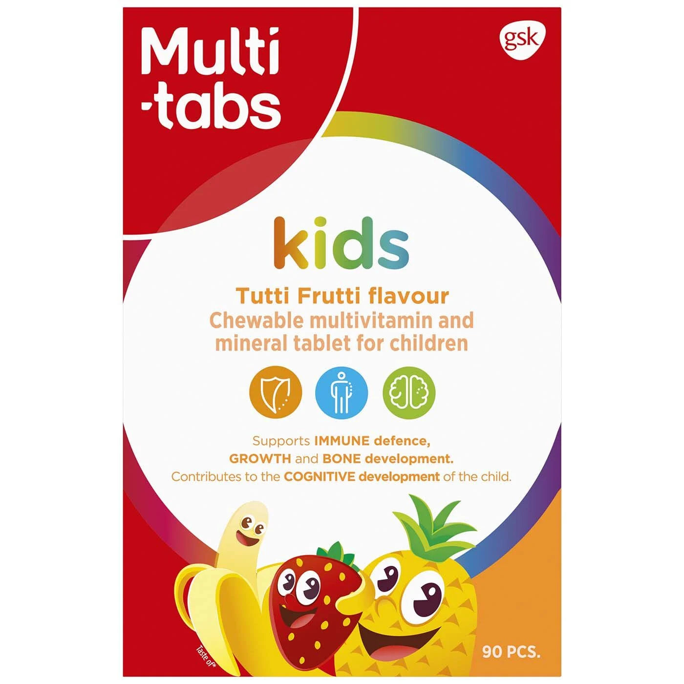 Multi-tabs Kids Tutti Frutti; laatikko lasten pureskeltaville monivitamiinitableteille tutti frutti -maulla, erityisesti lapsille suunniteltuna; suorakulmainen pahvilaatikko kiiltäväpintaisena, kirkkaan keltaisia ja oransseja väripalikoita sekä monivärisiä hedelmähahmokuvituksia; lihavoitu groteskiteksti; etusivulla mainitaan immuunipuolustus, kasvu, luuston vahvuus ja kognitiivinen kehitys sekä teksti "Contains 90 tablets"; vaalea tausta.