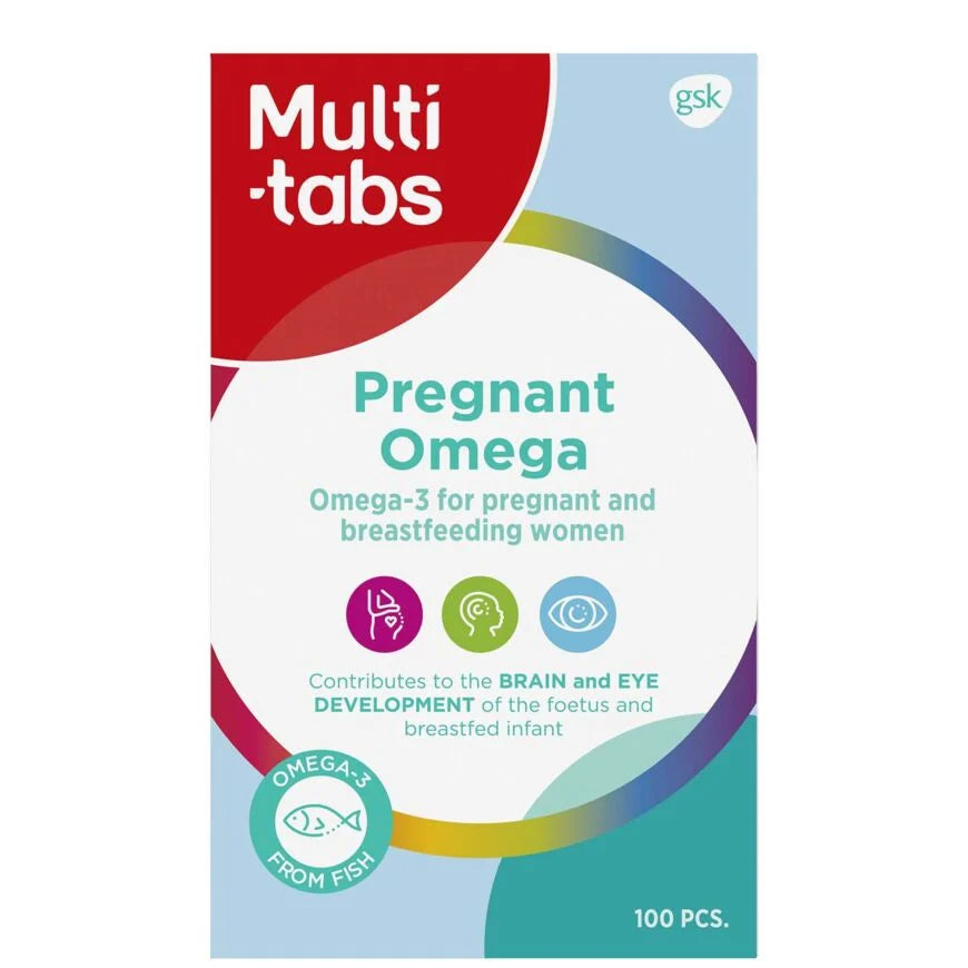 Multi-tabs Raskaus Omega; laatikko raskaana oleville ja imettäville naisille tarkoitetulle Multi-tabs Pregnant Omega -ravintolisälle, korostetaan olennaisia Omega-3-hyötyjä aivojen ja silmien kehitykselle; pakkaus sisältää 100 kapselia; suorakulmainen laatikko pääosin valkoisella pohjalla ja violetilla korostuspaneelilla, kiiltäväpintainen; luettava tuotenimi lihavoidulla groteskifontilla, annostustiedot ja käyttökuvakkeet etusivulla; ei ihmisiä tai käsiä, vaalea tausta.