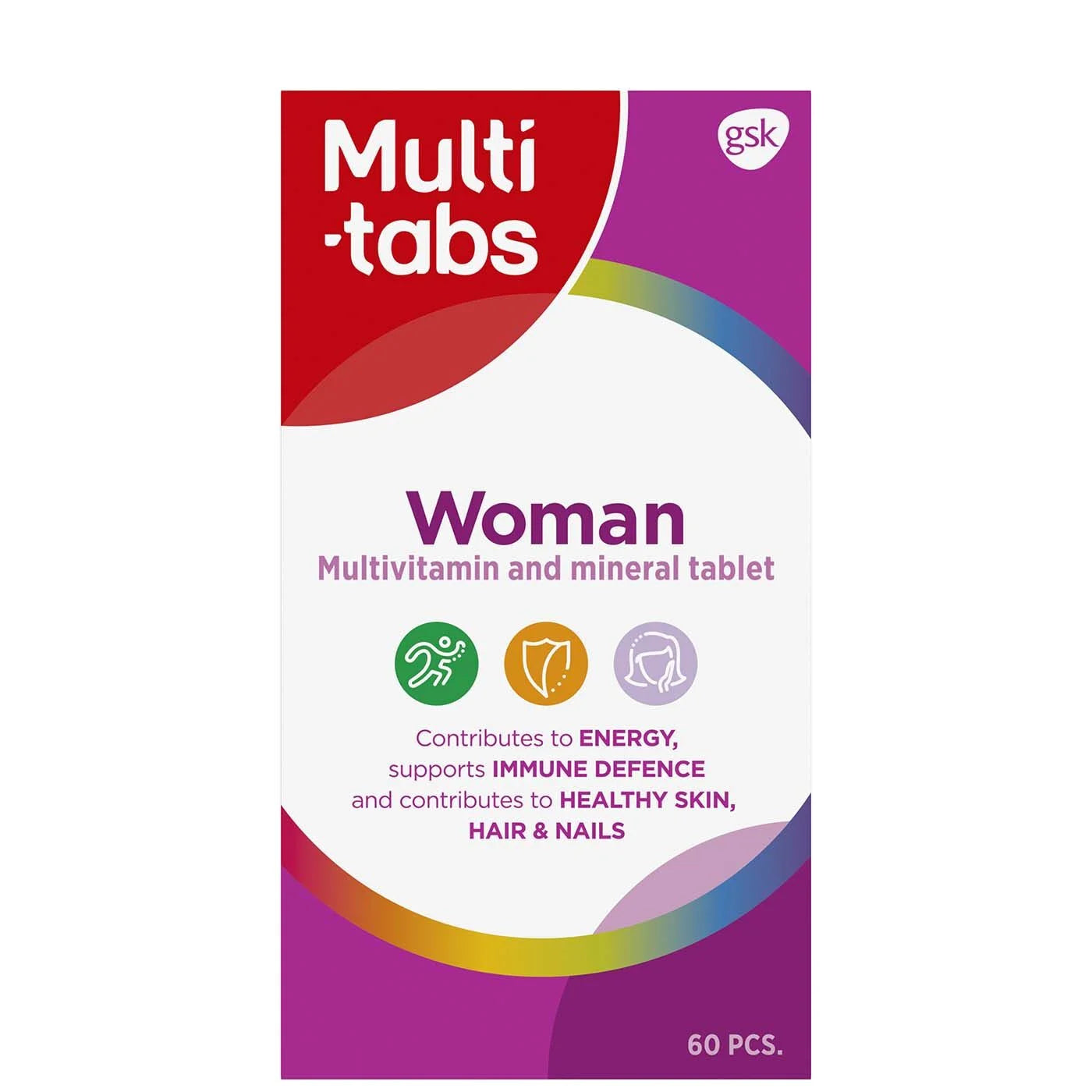 Multi-tabs Woman; Multi-tabs Woman -monivitamiini- ja kivennäisainetablettien laatikon etusivu, 60 tablettia, teksti korostaa energiaa, immuunipuolustusta sekä terveitä ihoa, hiuksia ja kynsiä; suorakulmainen laatikko mattapinnalla, puna-violetti-valkoinen väripalikkasuunnittelu; groteskifontti hallitsee etikettiä; ei ihmisiä tai käsiä, kuvattu vaaleaa taustaa vasten.