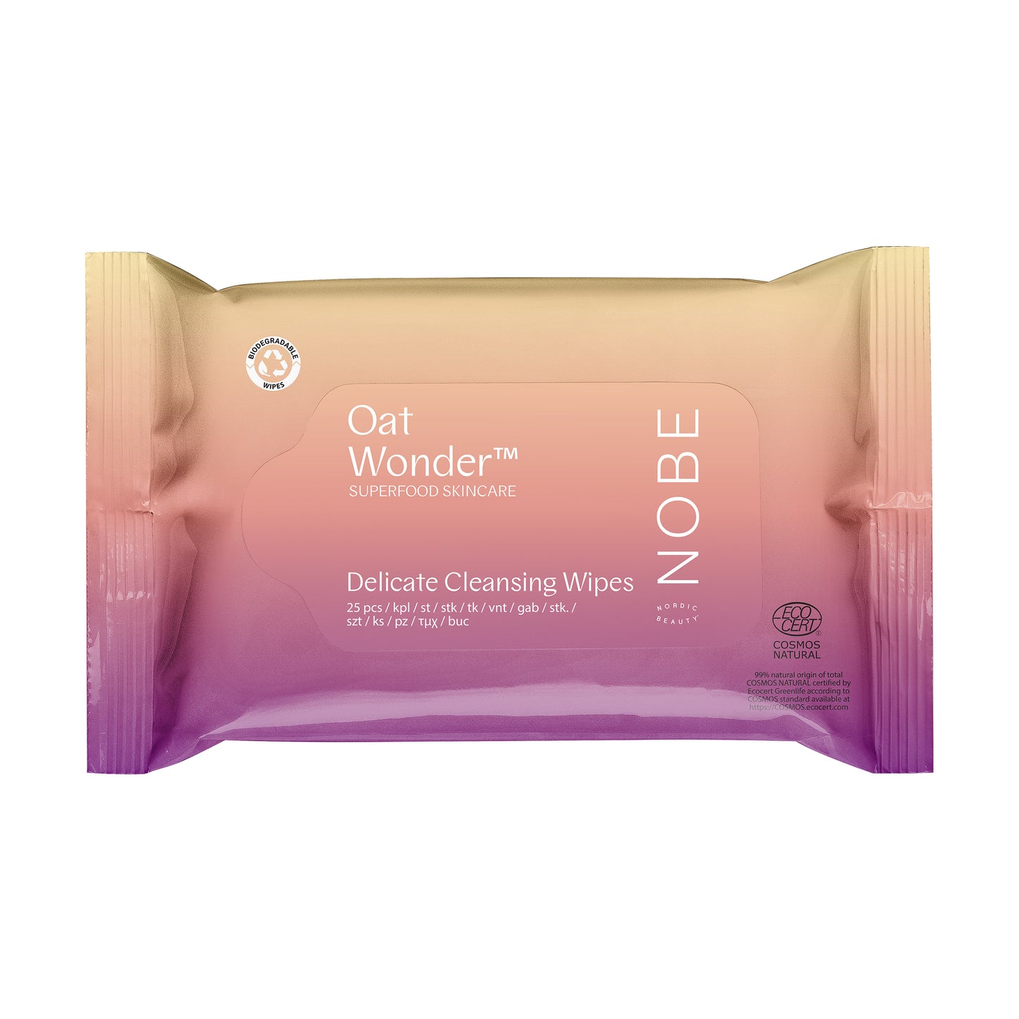 NOBE Oat Wonder Delicate Cleansing Wipes -pakkaus pinkistä violettiin liukuvärillä ja valkoisella tekstillä, sisältää 25 biohajoavaa liinaa ravitsevalla kauralla hellävaraiseen ihonhoitoon; suorakaiteen muotoinen pehmeä muovipakkaus mattapinnalla vaakasuunnassa; päätekstissä yksinkertainen groteskikirjasin tuotenimelle ja määrälle; ei ihmisiä tai käsiä näkyvissä; yhtenäinen vaalea tausta, studiokuva.
