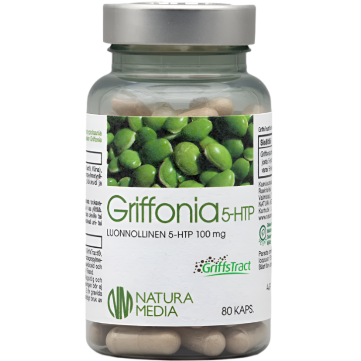 Natura Media Griffonia 5-HTP; pullo Griffonia 5-HTP -ravintolisäkapseleita, 100 mg, valmistaja Natura Media; valkoinen lieriömäinen muovipullo kiiltäväpinnalla ja valkoisella kierrekorkilla; etiketissä vihreitä siemenkuvituksia, suomenkielistä tekstiä, selkeää tikkukirjasintyyliä ja merkintä 80 kapselista pullossa; tausta tasainen ja neutraali, ei ihmisiä tai käsiä kuvassa.