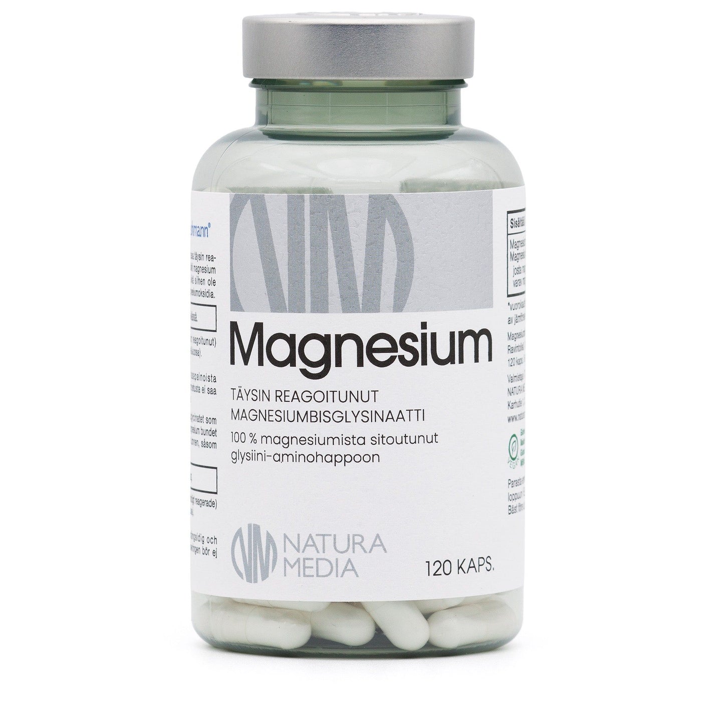 Natura Media Magnesium Bisglysinaatti; pullo Natura Media -magnesiumravintolisää, 120 kapselia, etiketti suomeksi, esillä valkoisella taustalla; muovipullo valkoinen, lieriömäinen muoto ja mattapinta, kierrekansi; etiketissä selkeää mustaa ja sinistä groteskitekstiä tuotenimelle suomeksi; kuvassa vain avaamaton pullo keskitettynä saumattomalle, hyvin valaistulle valkoiselle taustalle.