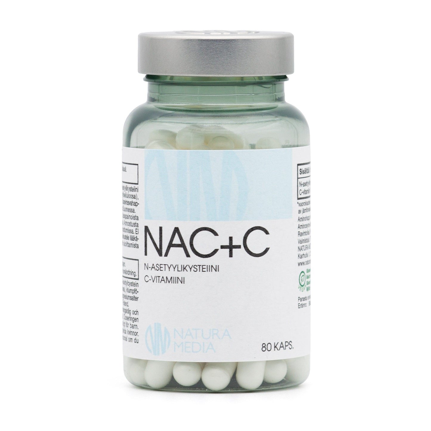 Natura Media NAC + C; läpinäkyvä muovipurkki valkoisella kierrekorkilla, sisällä valkoisia kapseleita; etiketissä teksti "NAC+C", "N-acetylcysteine and vitamin C", "Natura Media" ja "80 kaps."