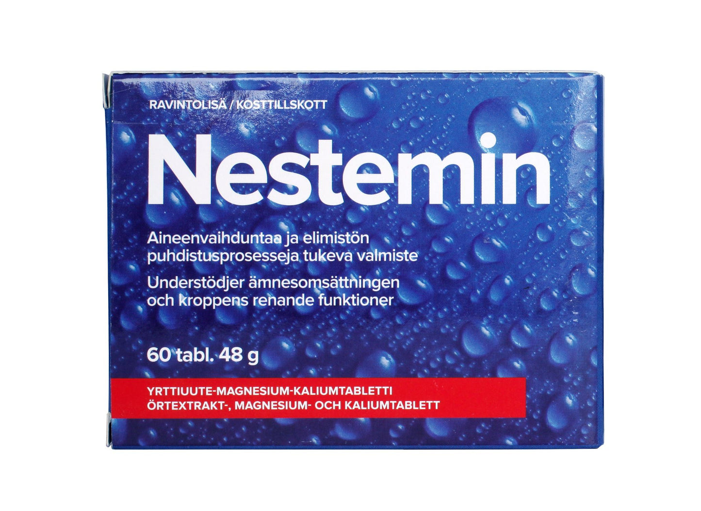 A blue Nestemin supplement box with water droplets, featuring white and red text in Finnish and Swedish, containing 60 tablets (48g). The rectangular cardboard box has a glossy finish. Product information is printed in bold sans-serif fonts. No people or hands visible. Simple, neutral background, standard product shot.