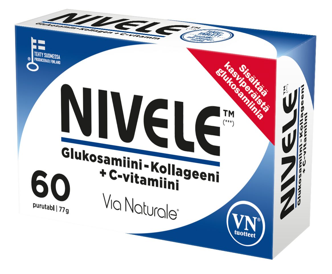Nivele-pakkaus, nivelten tueksi glukosamiinin ja kollageenin kera, 60 pureskeltavaa tablettia, teksti suomeksi ja englanniksi; suorakulmainen valkoinen-sininen mattapintainen rasia, lihavoitu groteskiteksti